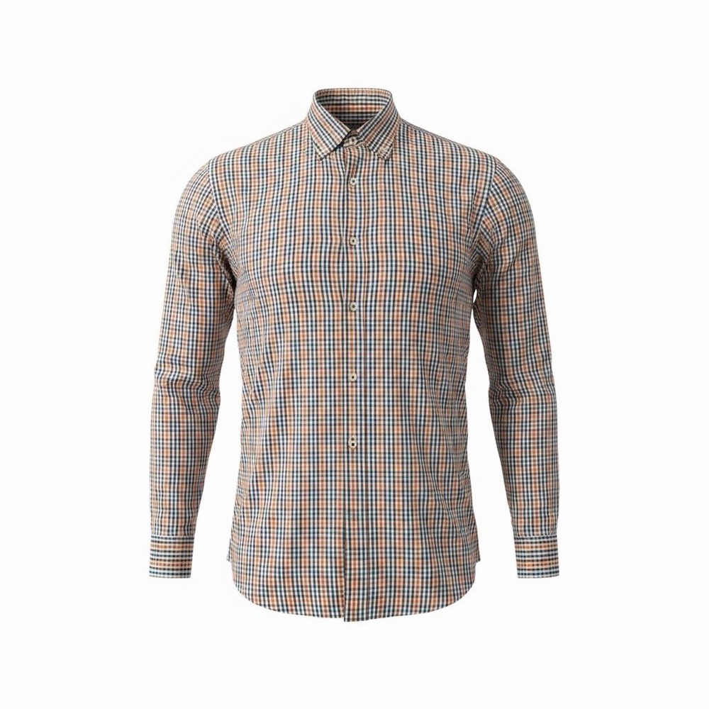 Peter Millar Men's M Plaid Button Down Shirt Blue Orange Brown 100% Cotton